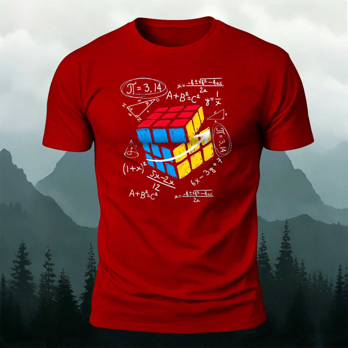 Rubik's Cube Print Casual Soft Cotton T-Shirt Red