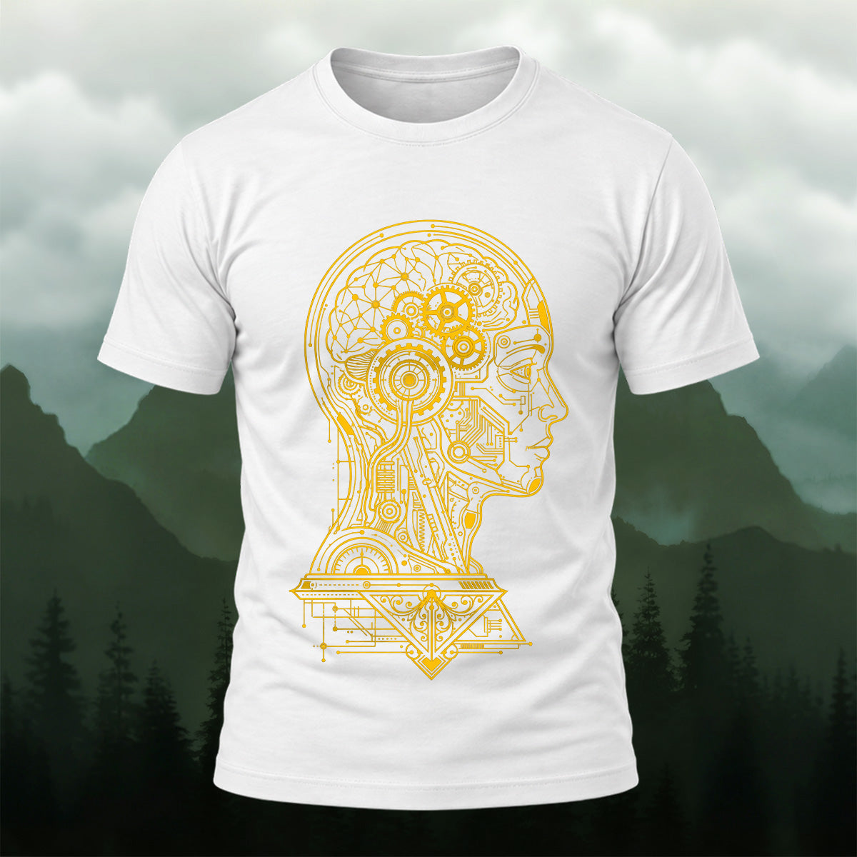 Futuristic Mechanical Brain Combed Cotton T-Shirt White