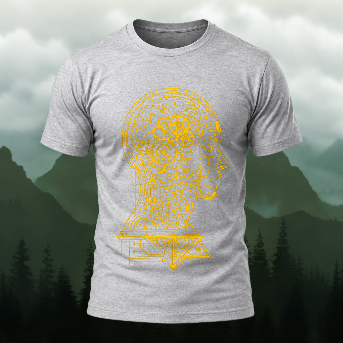 Futuristic Mechanical Brain Combed Cotton T-Shirt Heather Grey