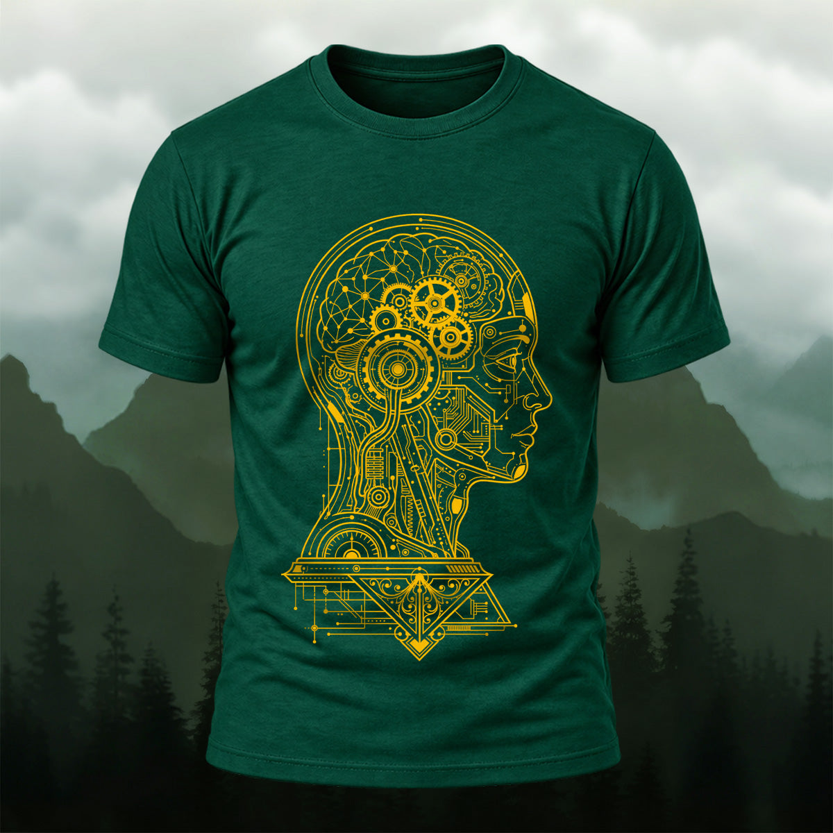Futuristic Mechanical Brain Combed Cotton T-Shirt Forest Green