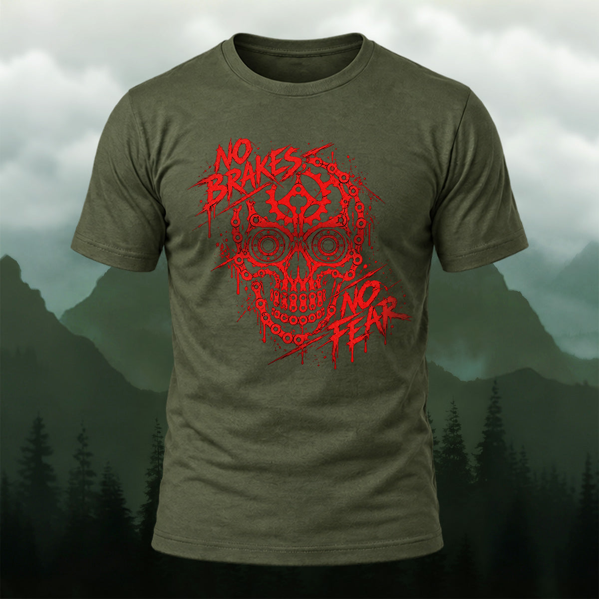 Scarlet Mechanical Skull Cotton T-Shirt Olive Green