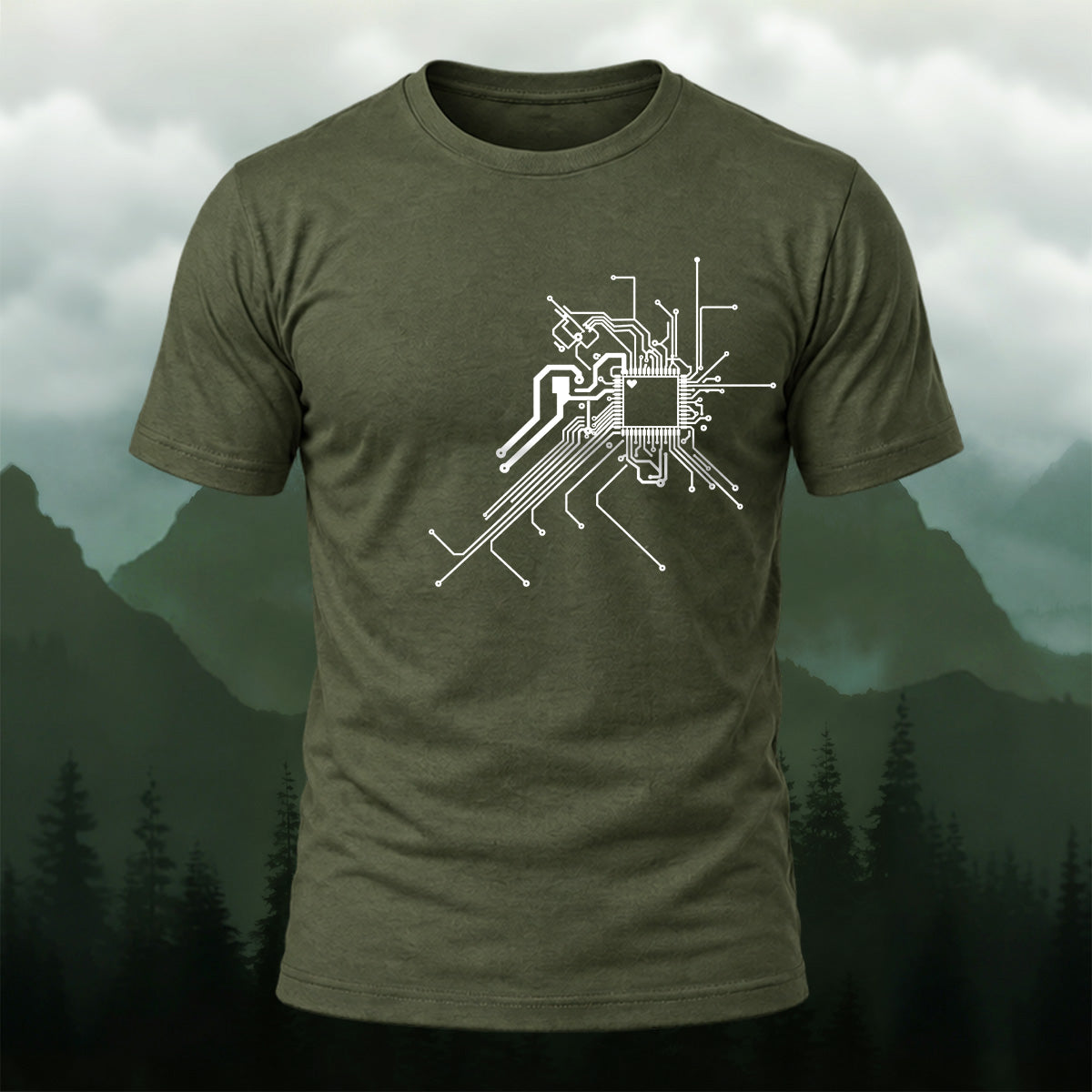 Clean Tech Microchip Soft Cotton T-Shirt Olive Green