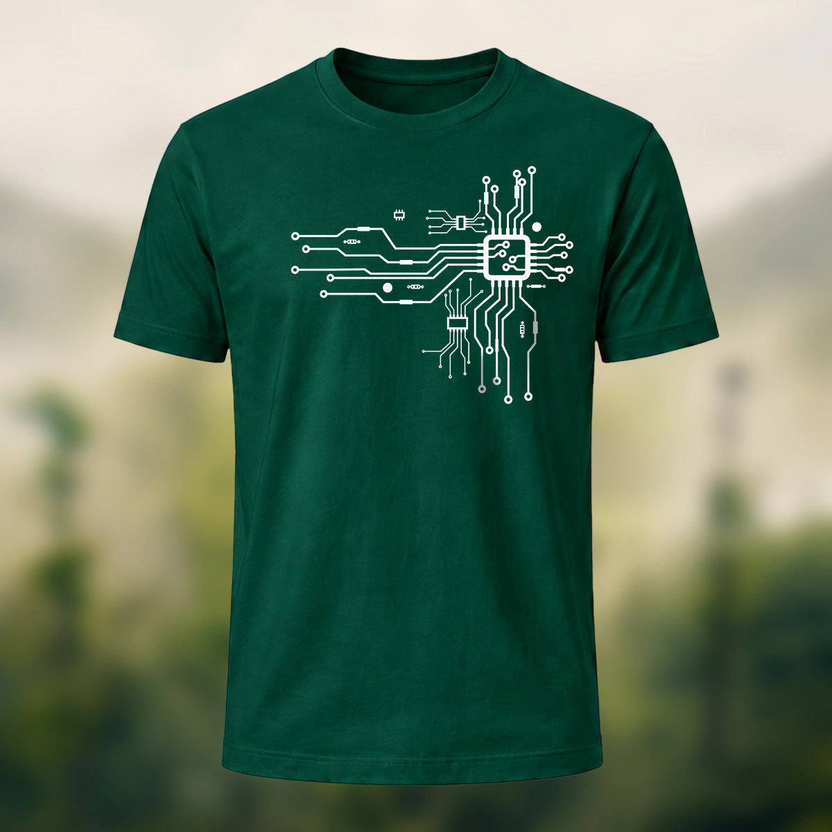 Modern Technical Circuit Premium Cotton T-Shirt Forest Green