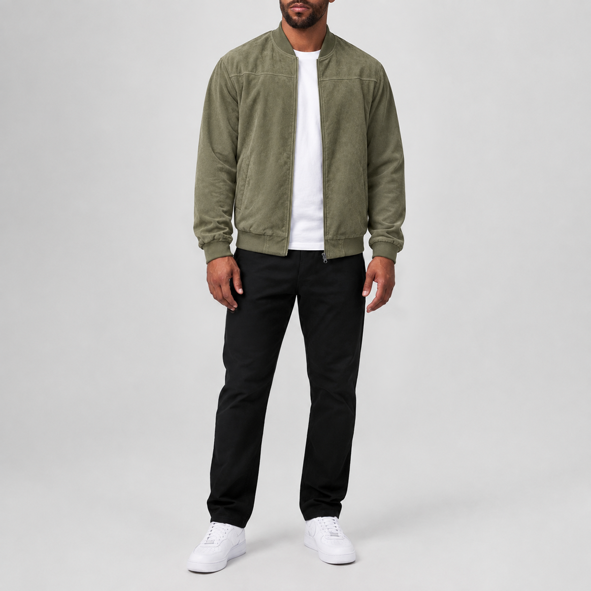 Stylish Suede Zip-Up Casual Jacket Army Green