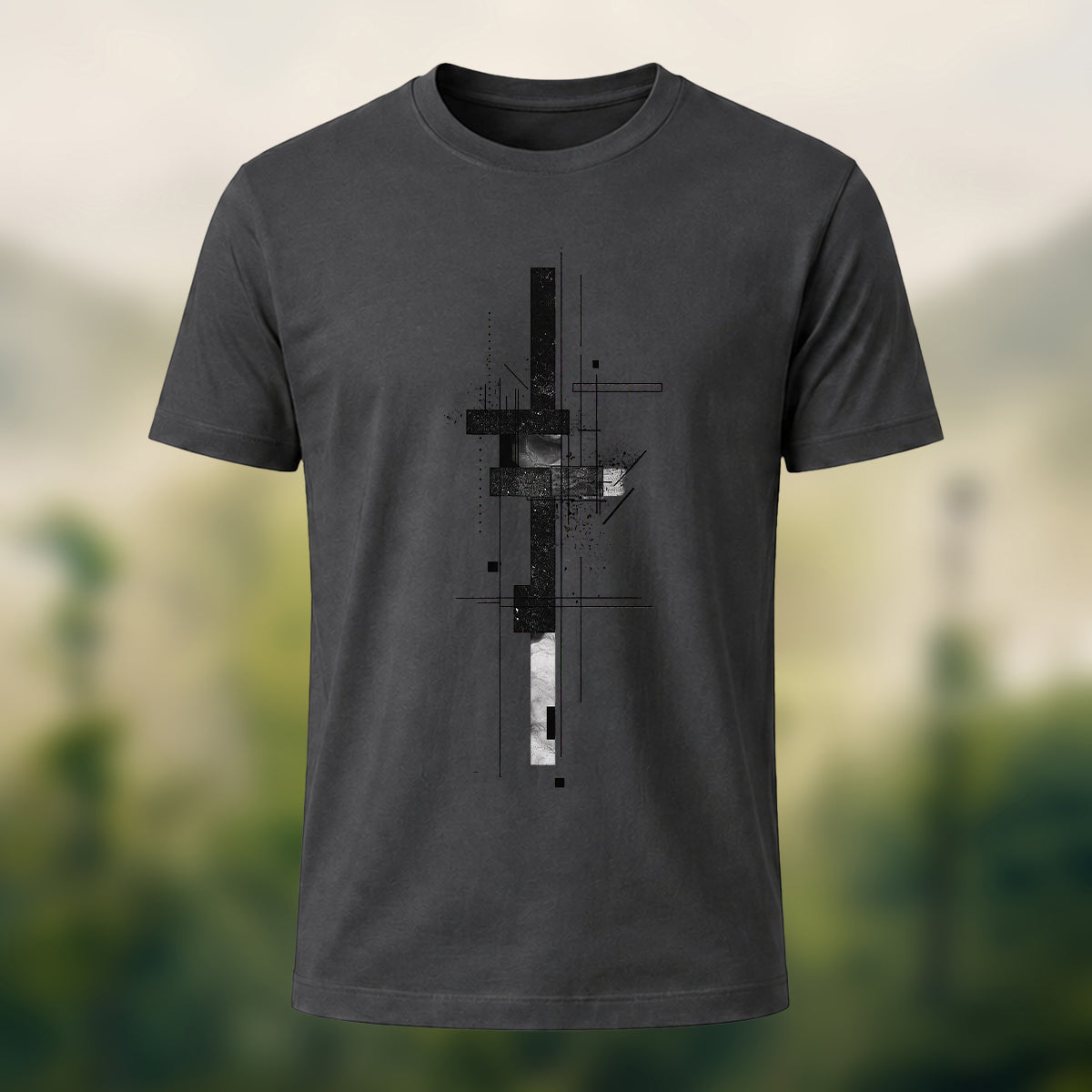 Minimalist Geometric Print Casual Cotton T-Shirt Charcoal