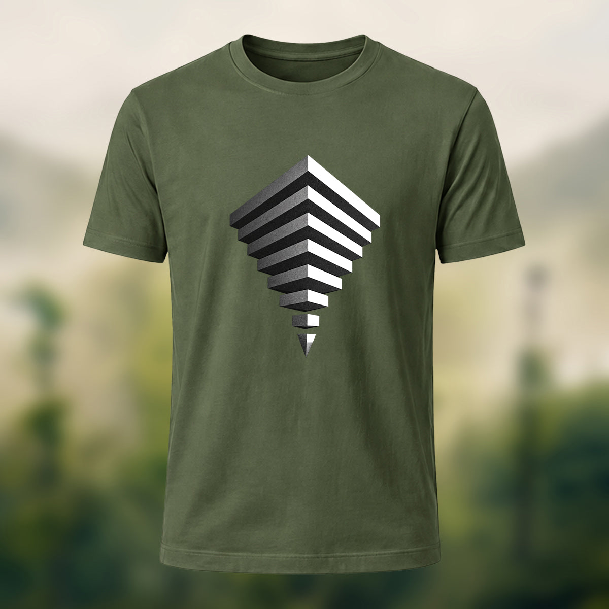 Modern Geometric Print Combed Cotton T-Shirt Olive Green