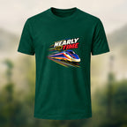 Nearly On Time Train Print Casual Cotton T-Shirt Forest Green