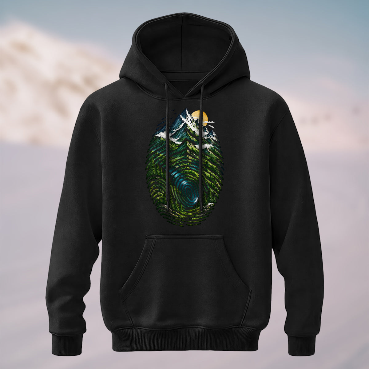 Cotton Made Artistic Mountain Fingerprint Hoodie Black
