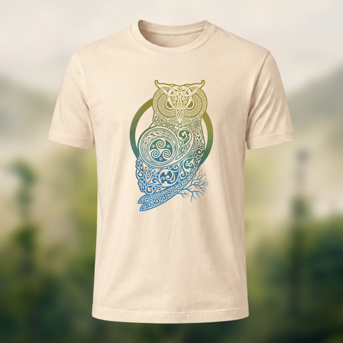 Mysterious Owl Totem Print Casual Cotton T-Shirt Beige