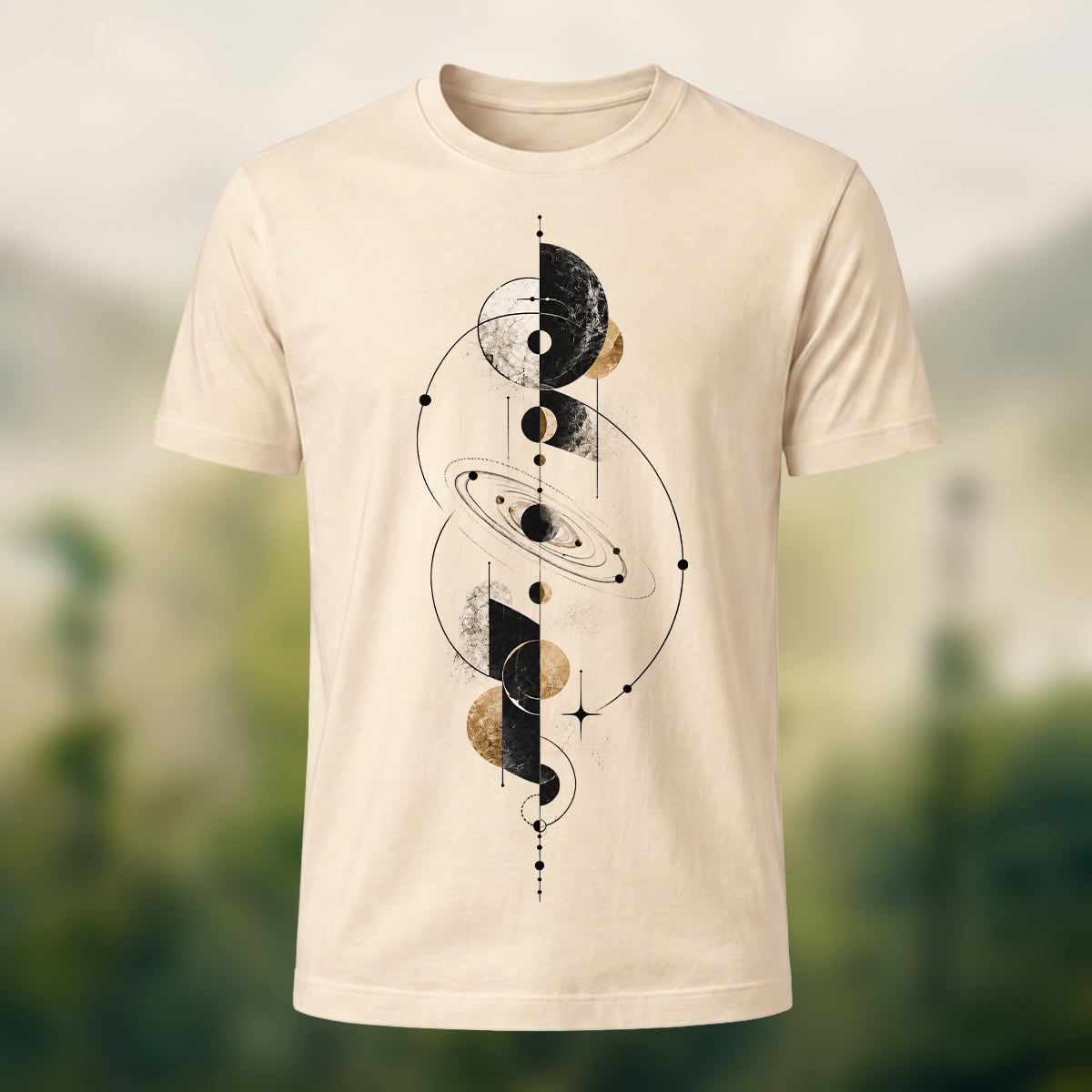 Mystical Geometric Planet Soft Cotton T-Shirt Beige