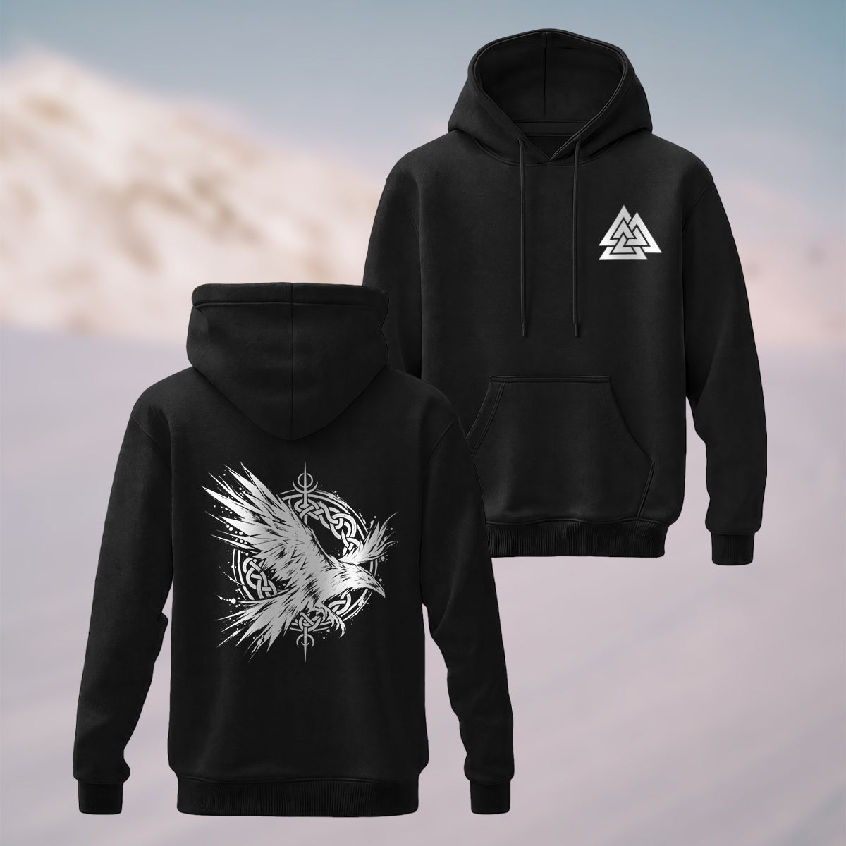 Cotton Made Viking Raven Print Hoodie Black