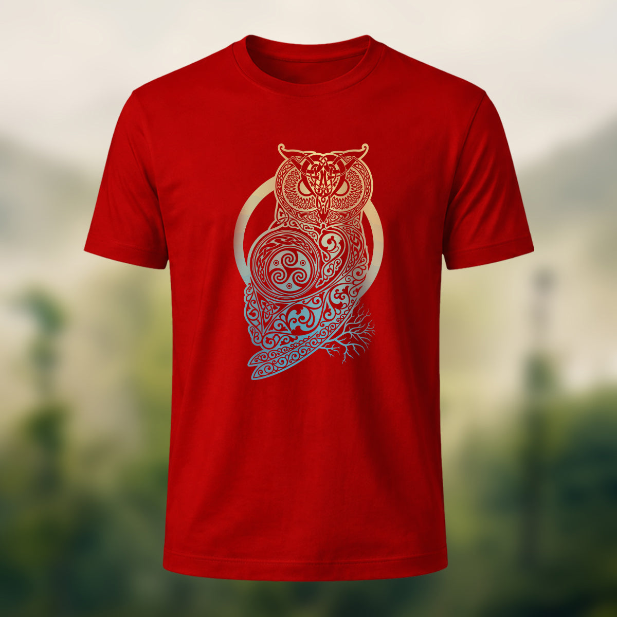 Mysterious Owl Totem Print Casual Cotton T-Shirt Red
