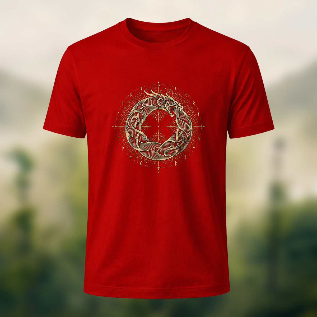 Viking Dragon Print Casual Cotton T-Shirt Red