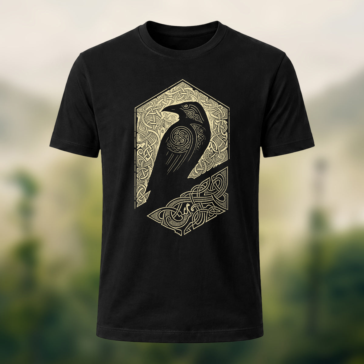 Bird Pattern Mountain Comfortable Casual T-Shirt Black