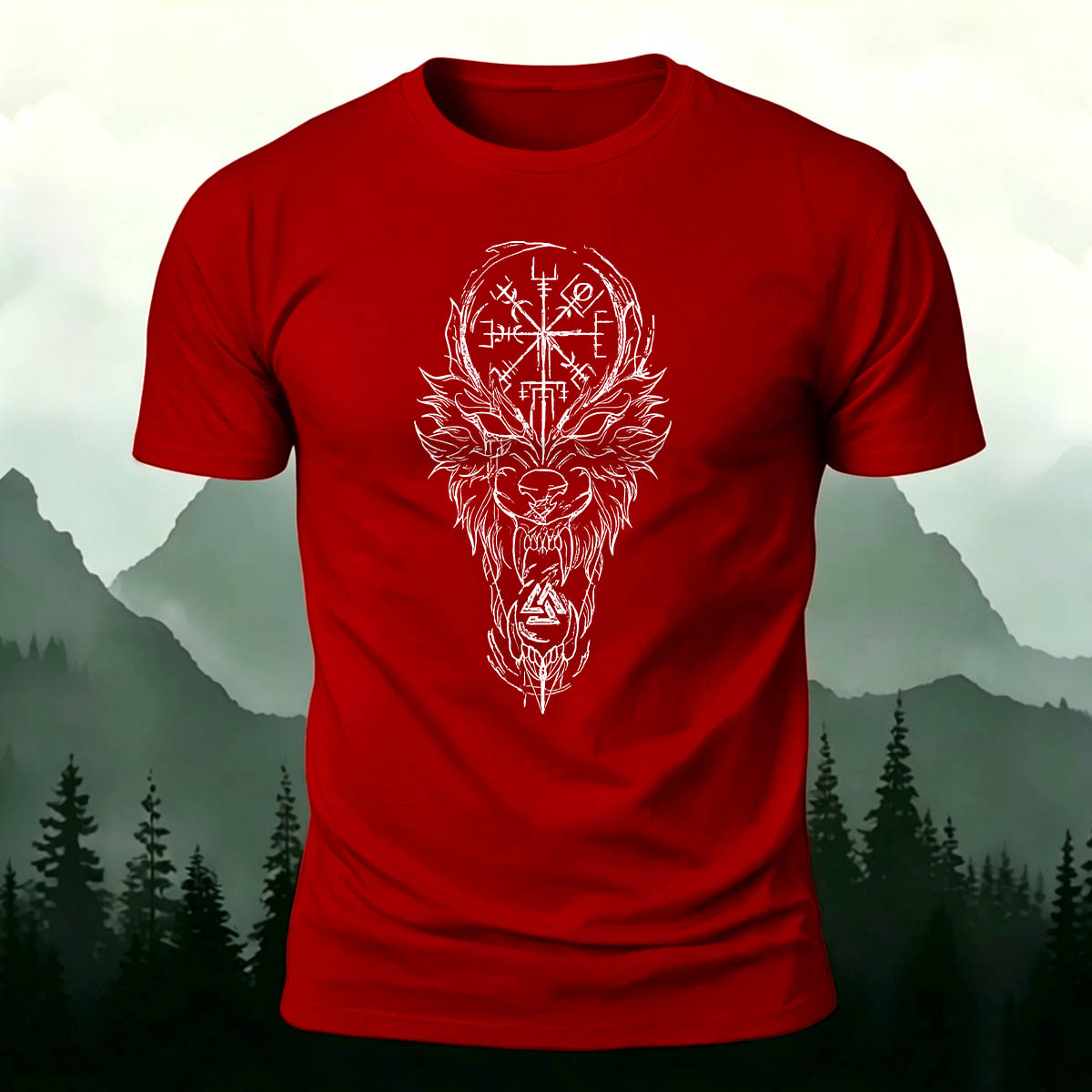Nordic Wolf Print Casual Soft Cotton T-Shirt Red