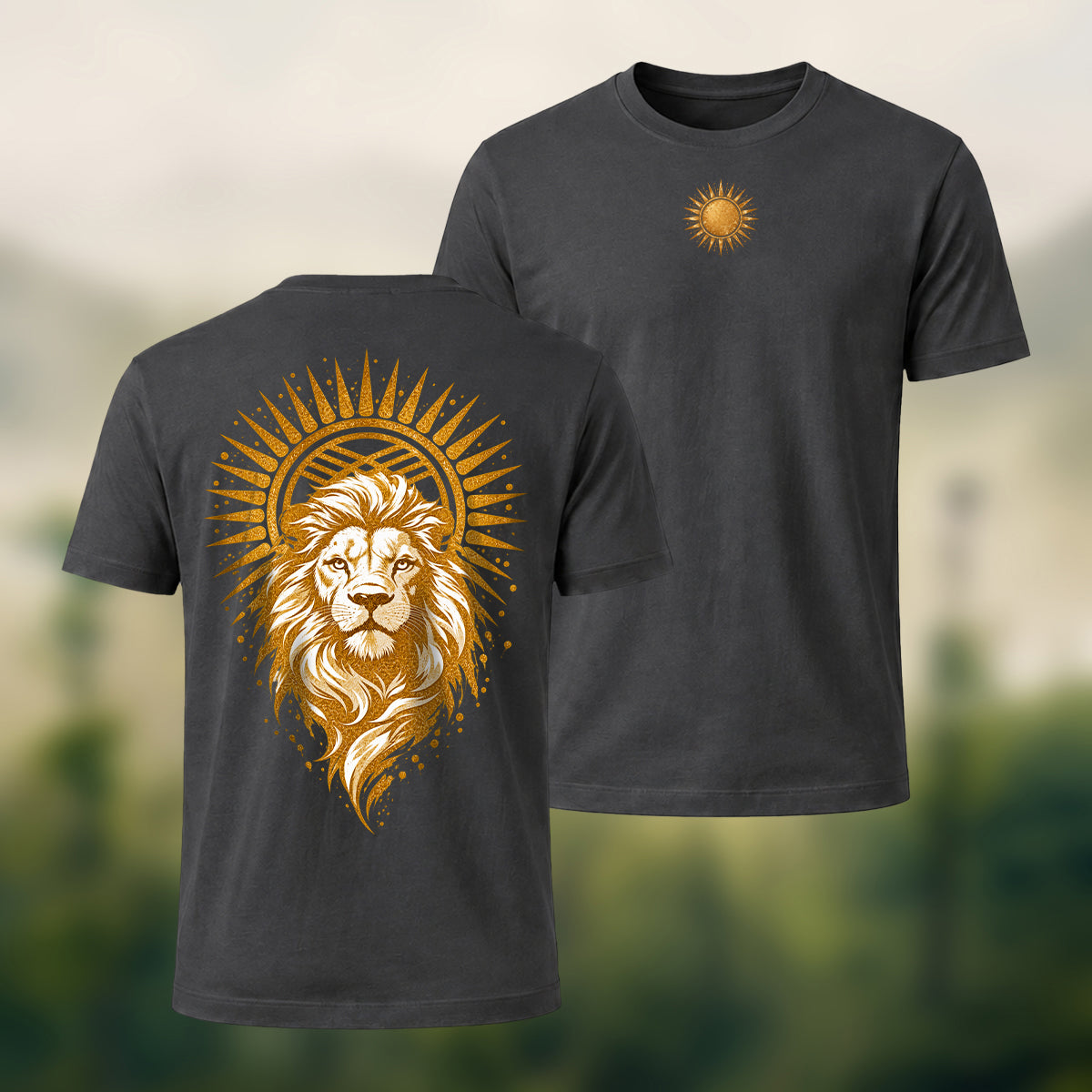 Golden Lion Medallion Print Premium Cotton T-Shirt Charcoal