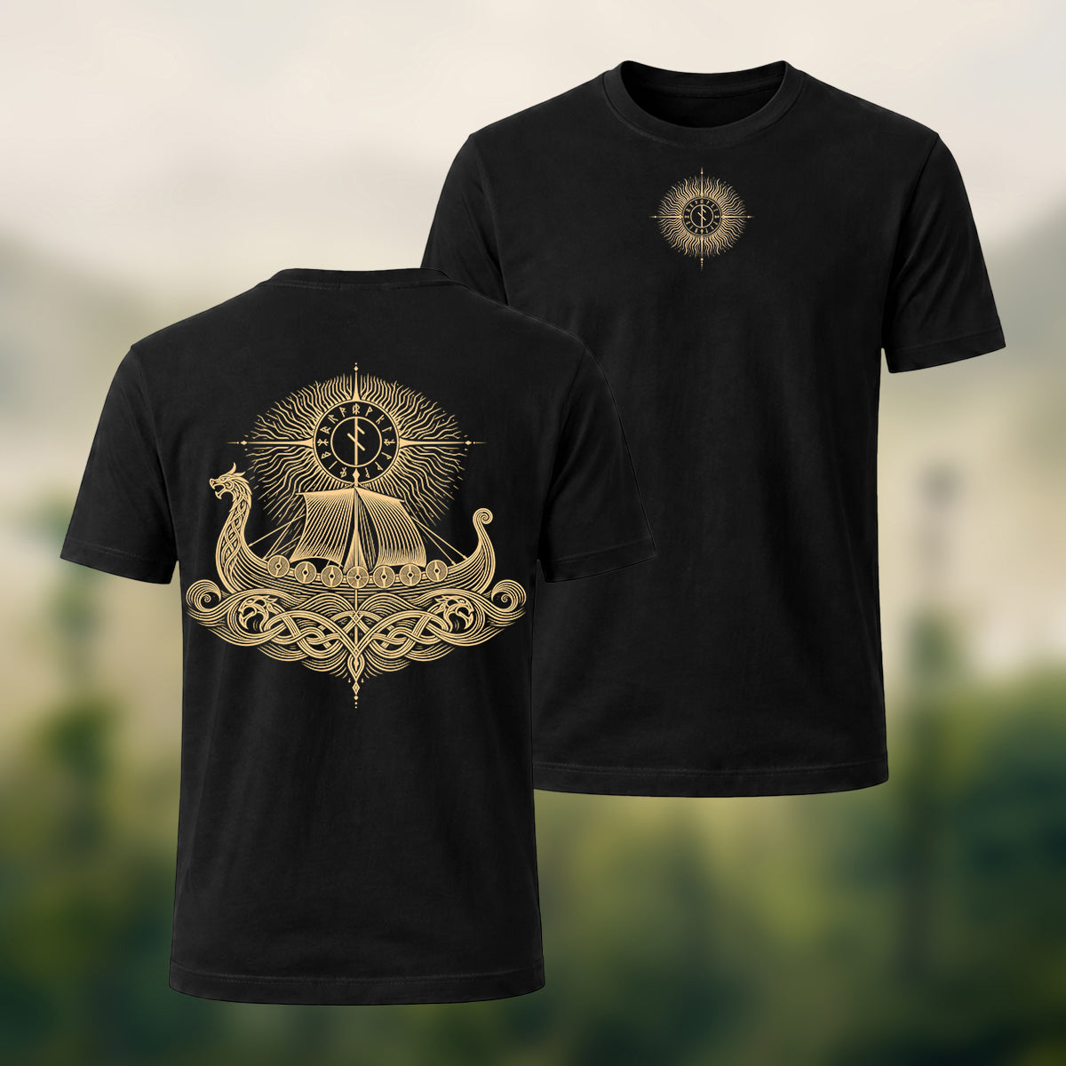 Viking Longship Print Casual Cotton T-Shirt Black
