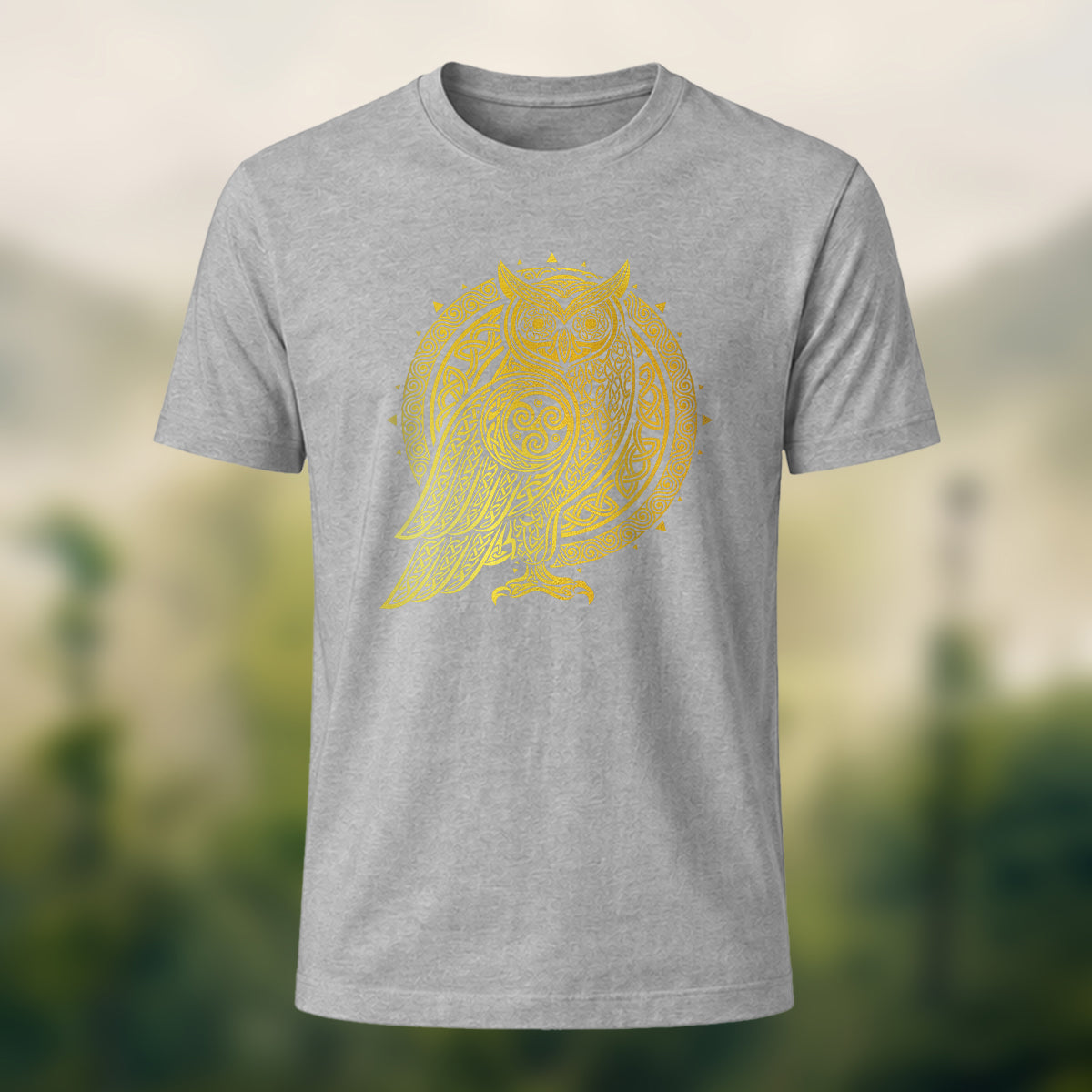 Owl Totem Print Casual Cotton T-Shirt Charcoal