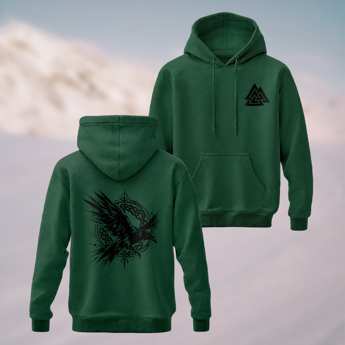 Cotton Made Viking Raven Print Hoodie Forest Green