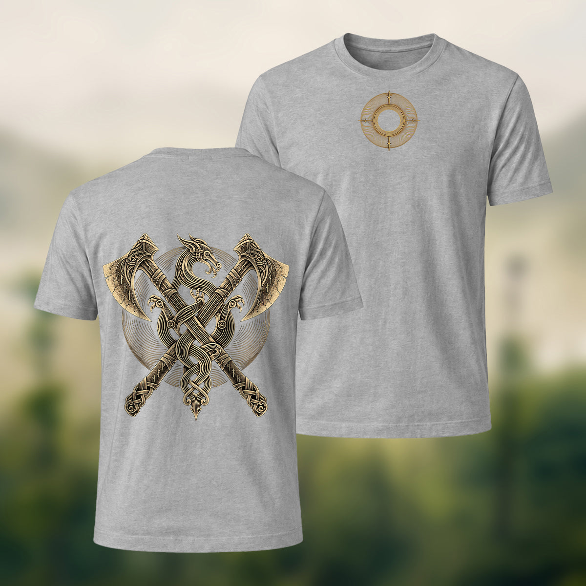 Vintage Viking Axe Print Premium Cotton T-Shirt Heather Grey
