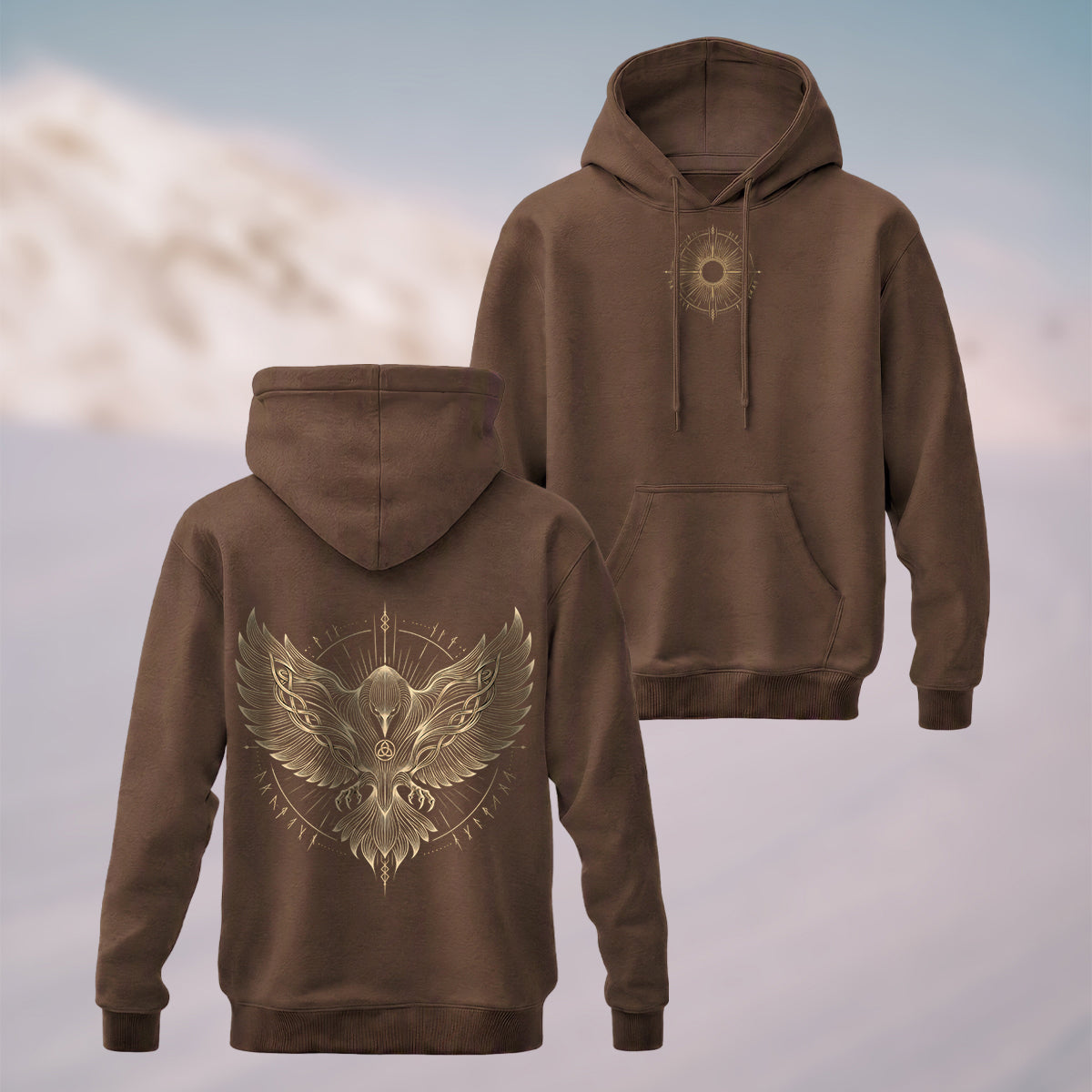 Cotton Made Norse Viking Raven Hoodie Coffee