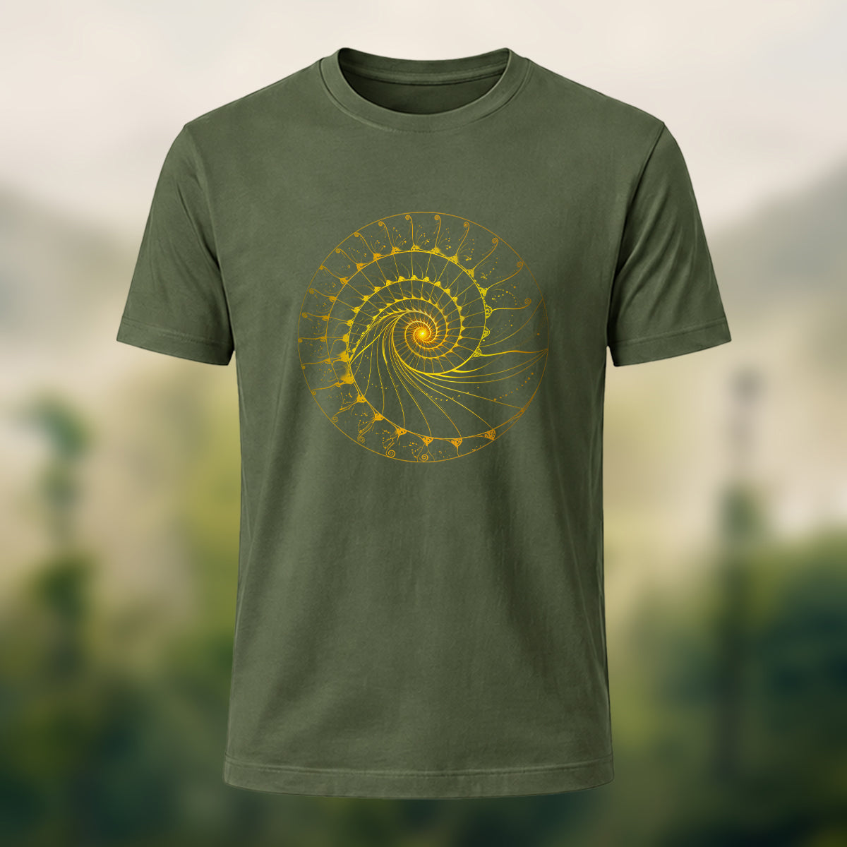 Fibonacci Spiral Print Casual Cotton T-Shirt Olive Green