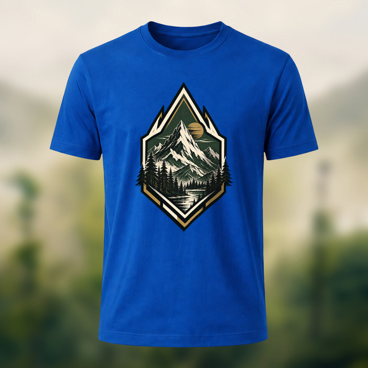 Vintage Wilderness Mountain Badge Cotton T-Shirt Royal Blue