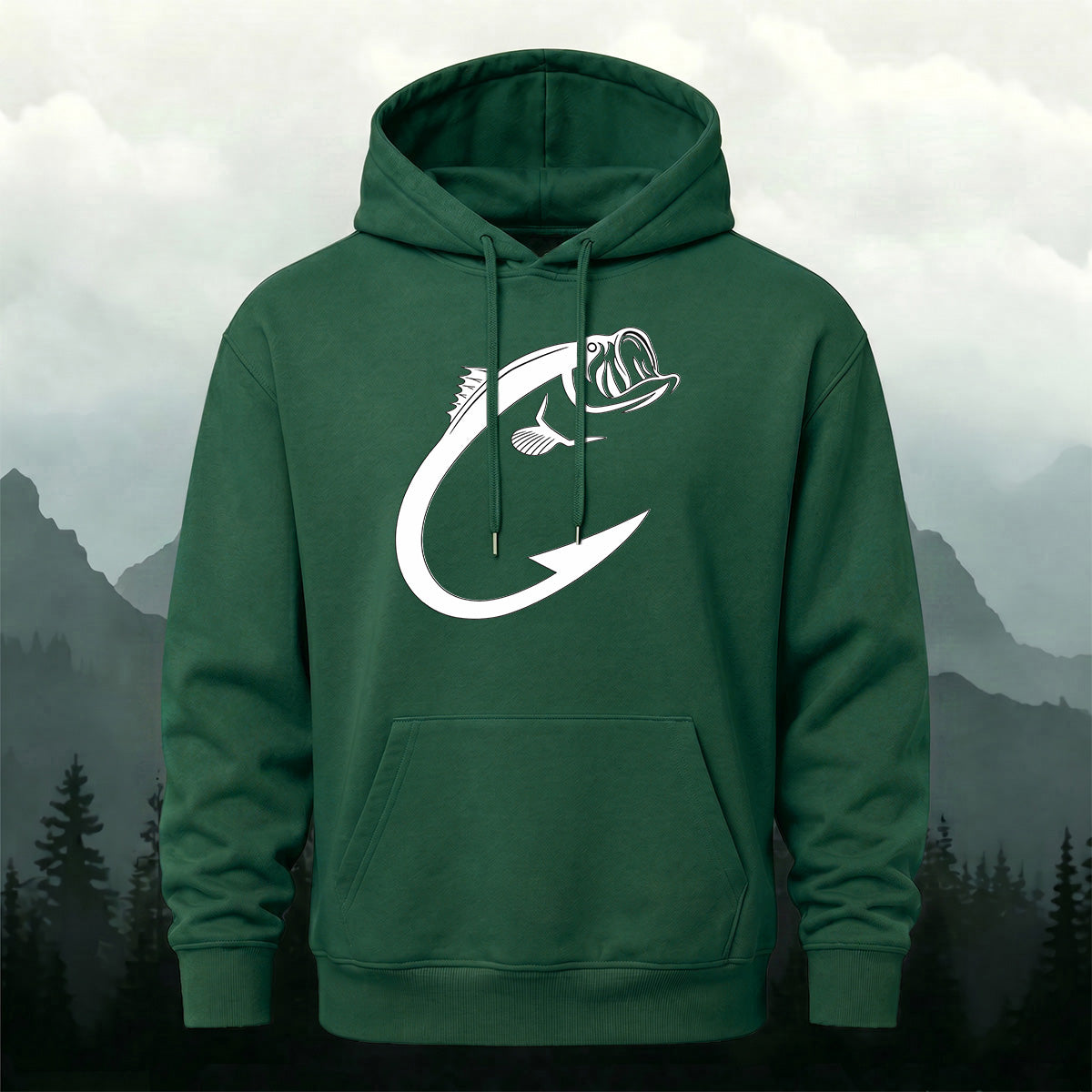Cotton Made Creative Fish Shaped Hook Print Hoodie Forest Green