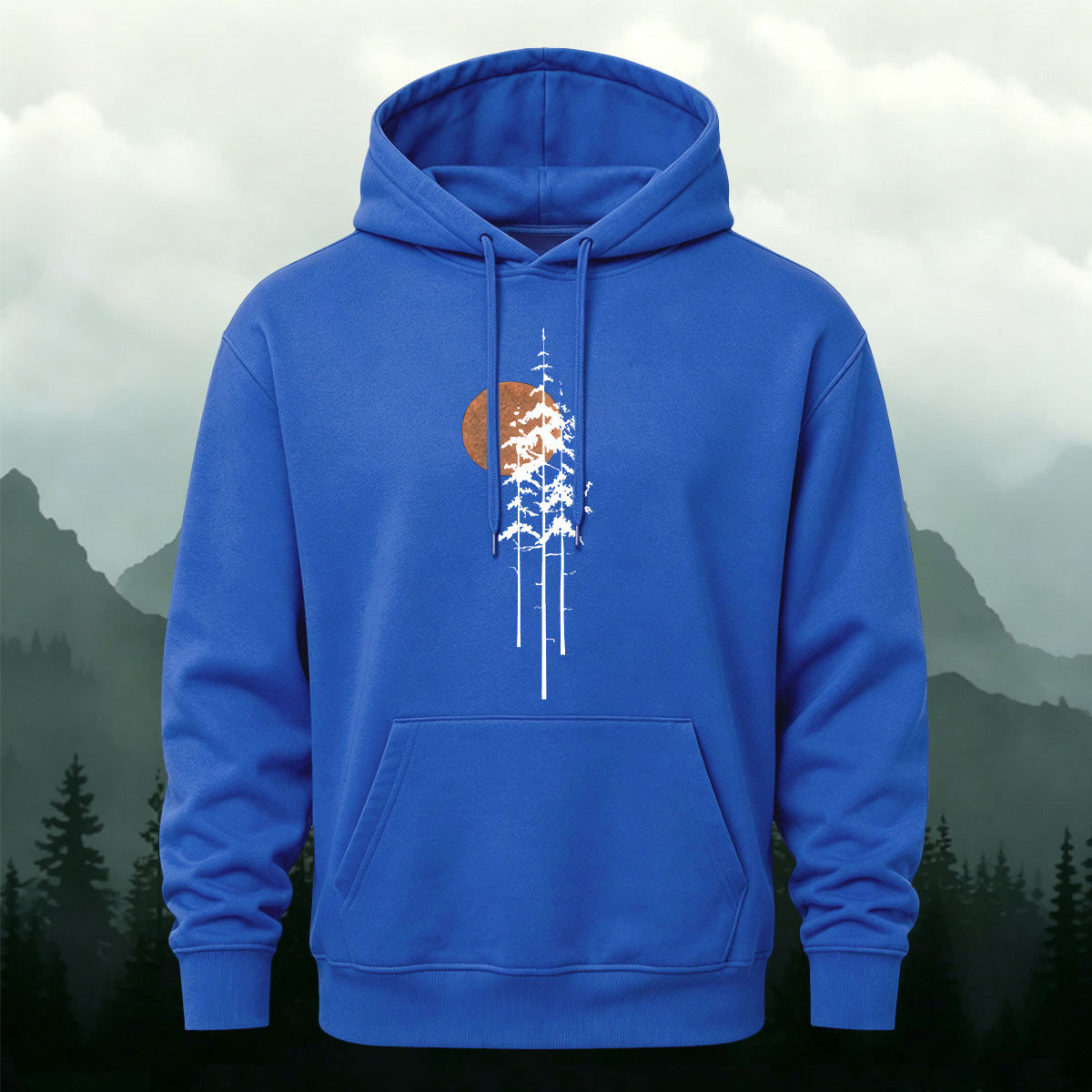 Cotton Made Tree Silhouettes Round Sun Print Hoodie Blue