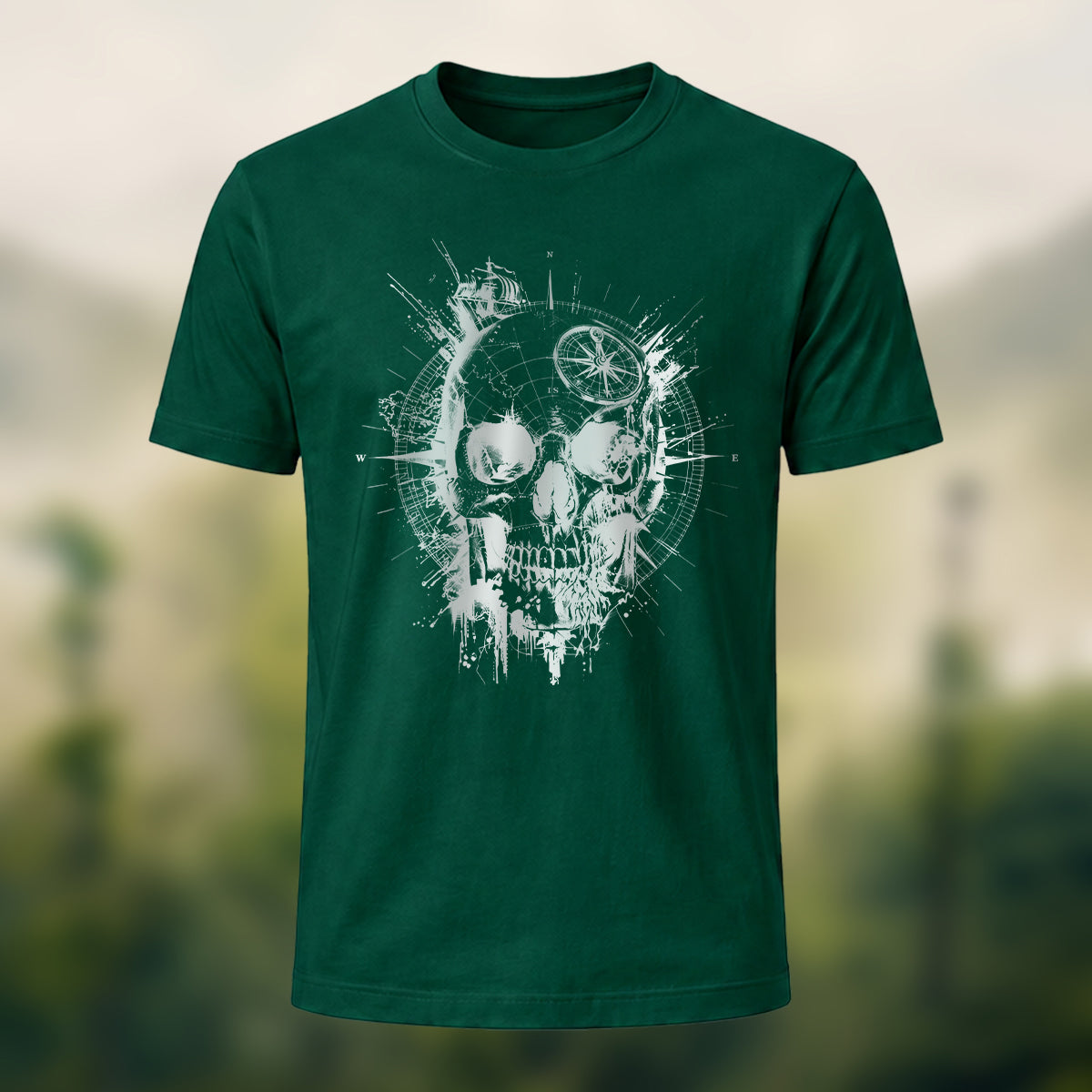 Nautical Gothic Skull Print Casual Soft Cotton T-Shirt Forest Green