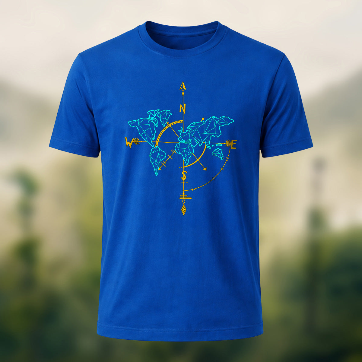 Vintage World Map Compass Soft Cotton T-Shirt Royal Blue