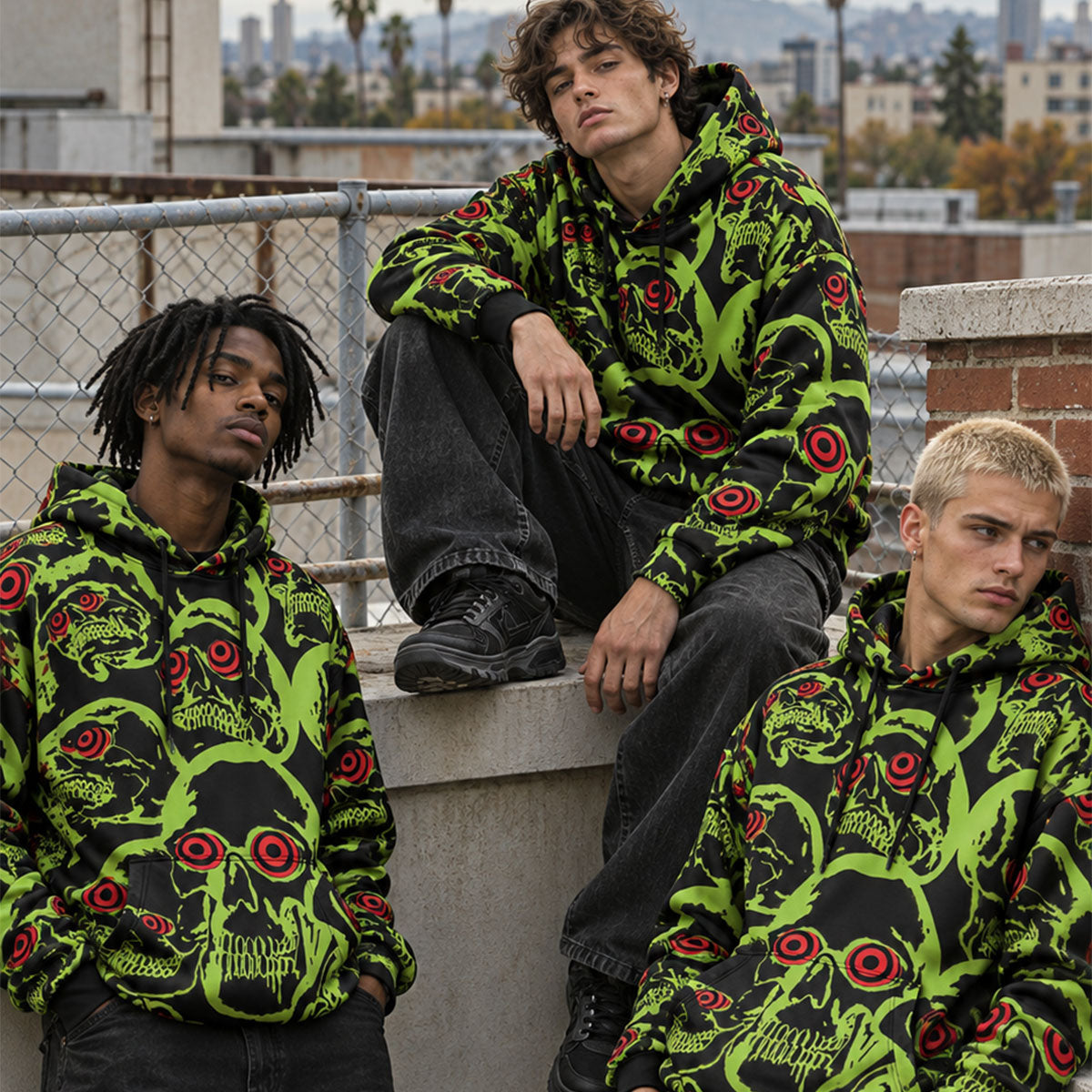 Neon Gothic Skull All-Over Print Hoodie