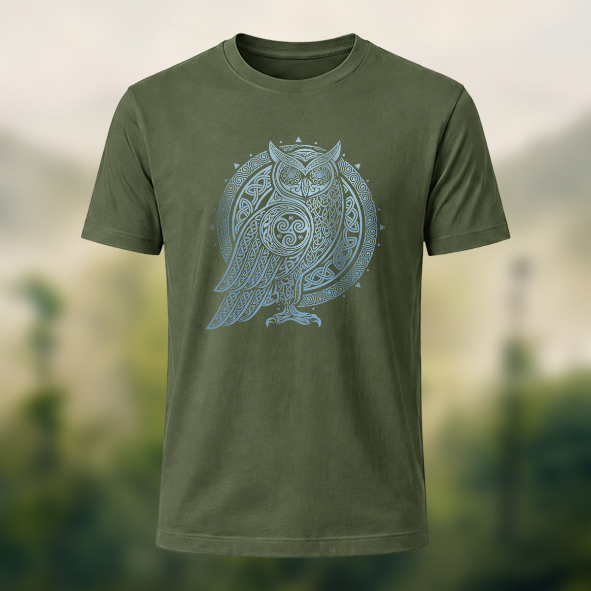 Owl Totem Print Casual Cotton T-Shirt Olive Green