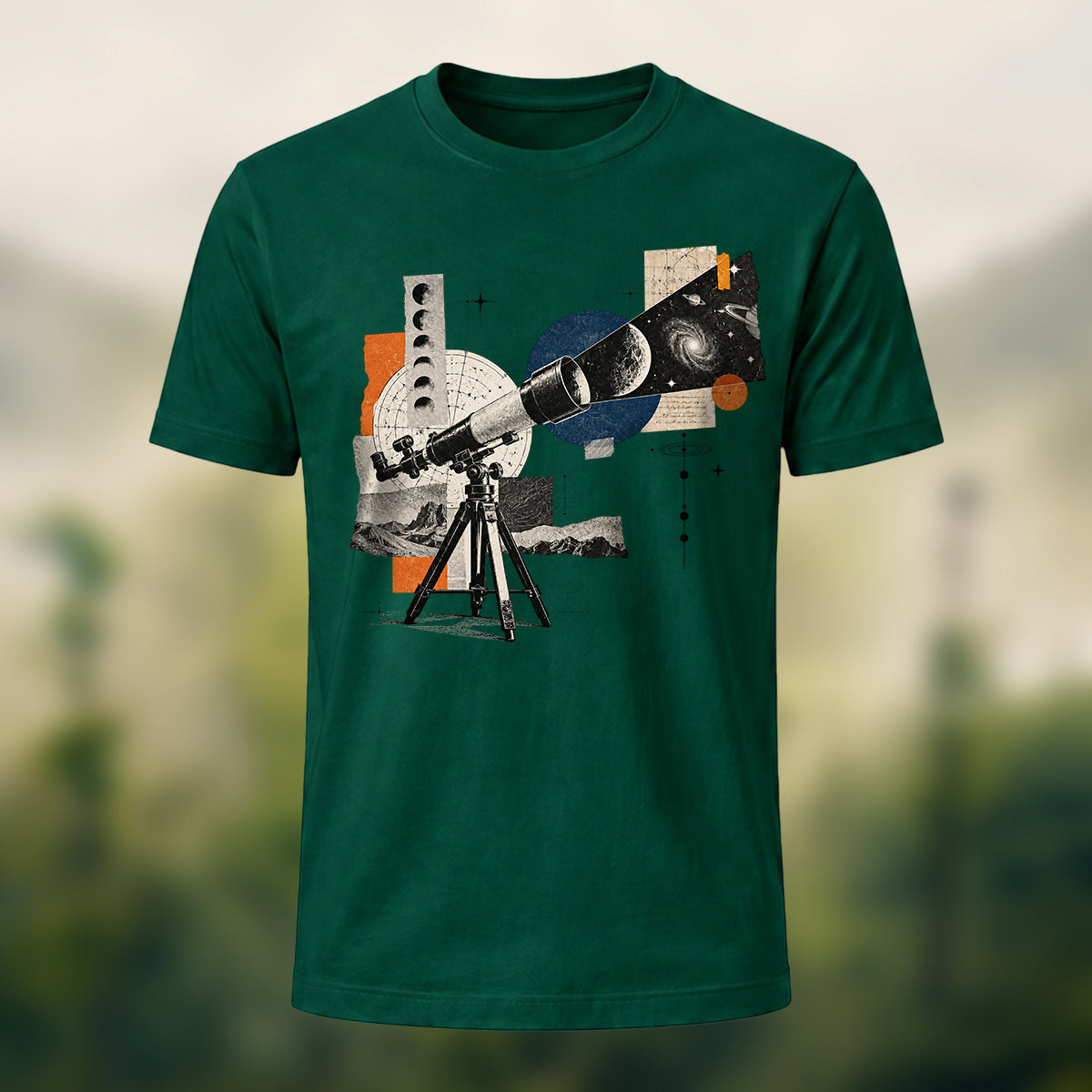 Vintage Stargazing Telescope Combed Cotton T-Shirt Forest Green