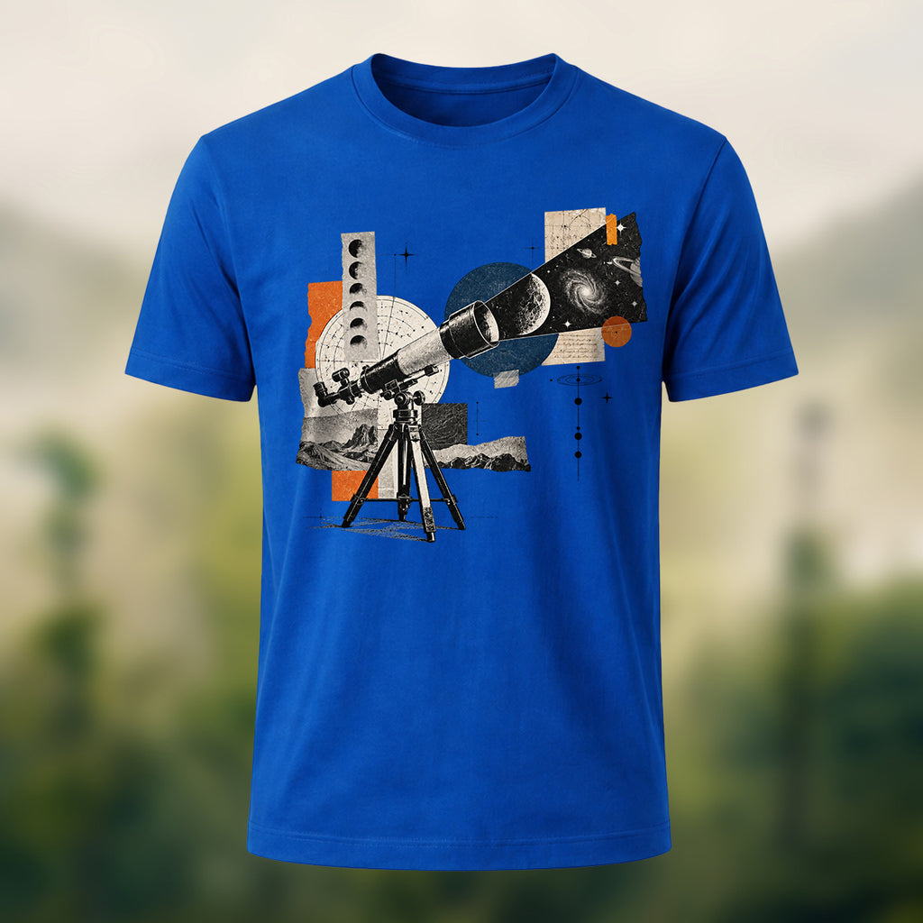 Vintage Stargazing Telescope Combed Cotton T-Shirt Royal Blue