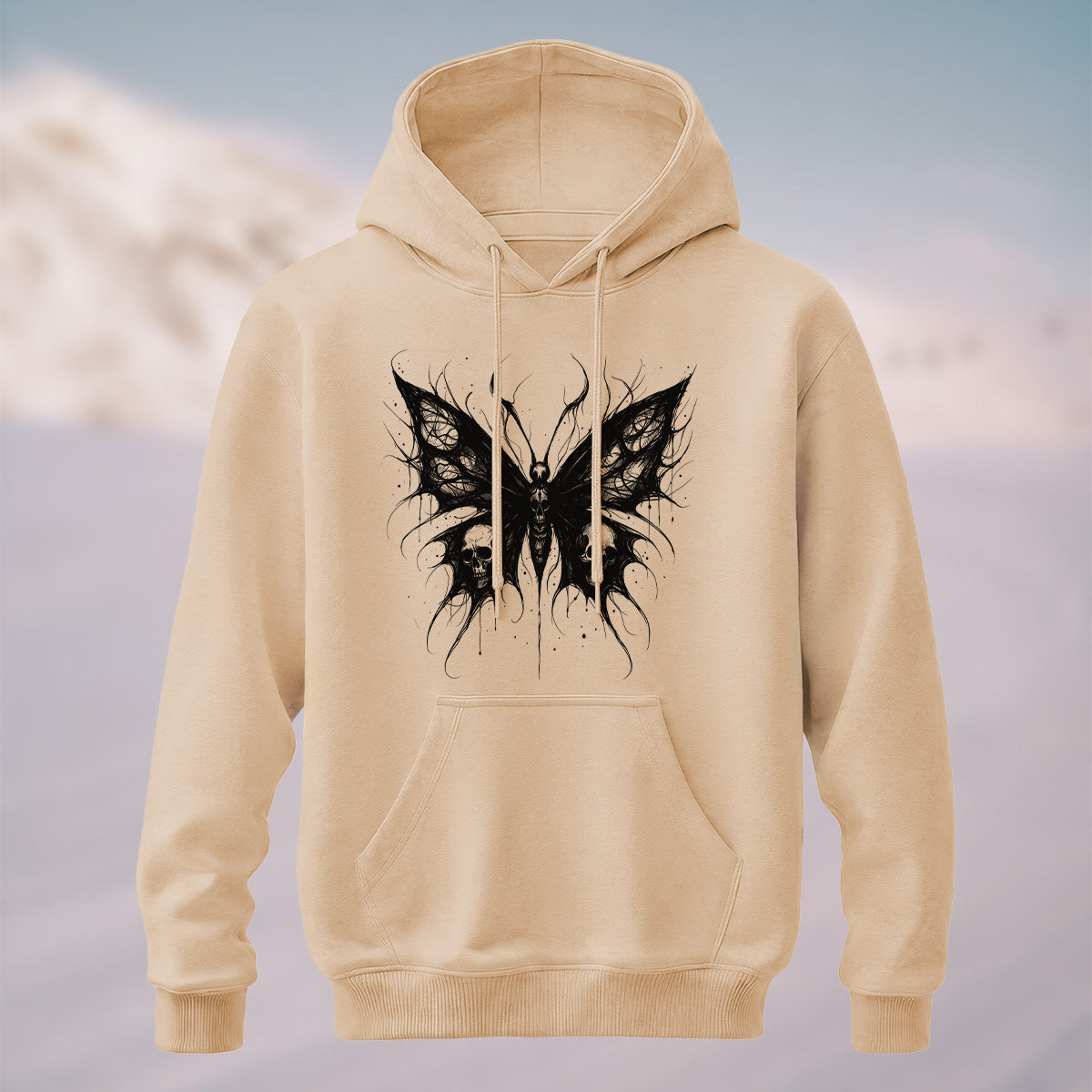 Cotton Made Dark Butterfly Skeleton Print Hoodie Beige