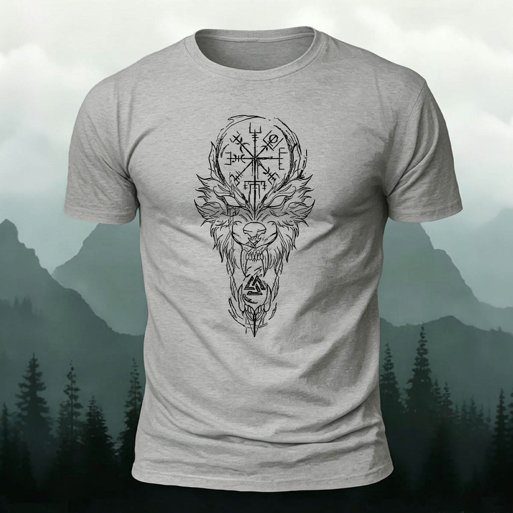 Nordic Wolf Print Casual Soft Cotton T-Shirt Heather Grey