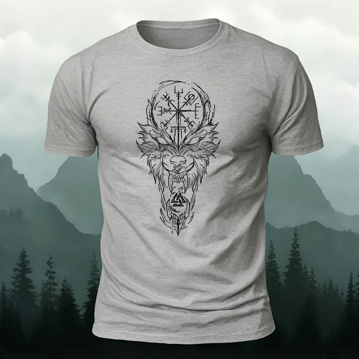 Nordic Wolf Print Casual Soft Cotton T-Shirt Heather Grey