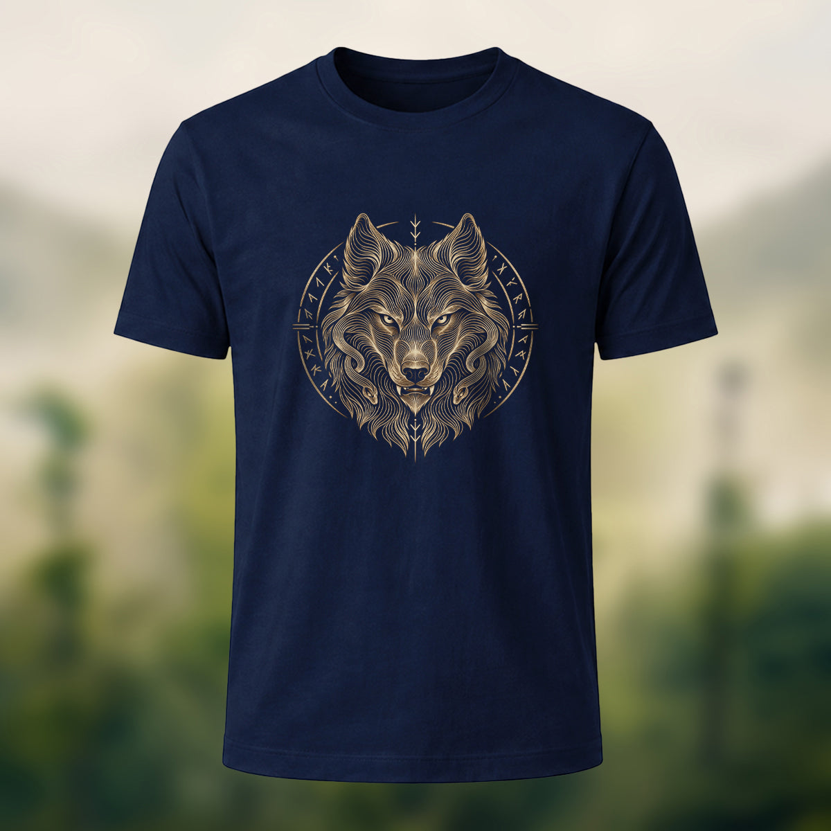 Viking Wolf Print Casual Cotton T-Shirt Navy