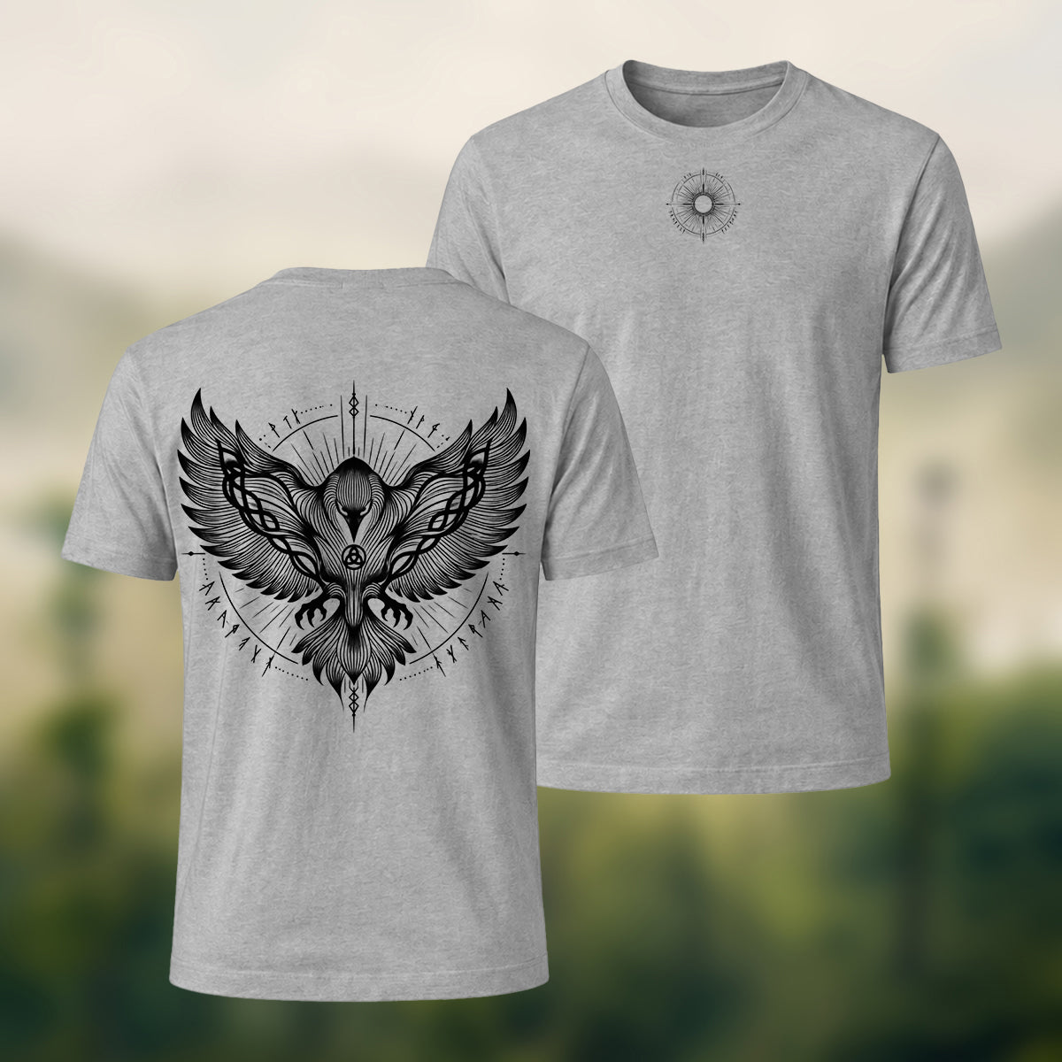 Viking Eagle Print Combed Cotton T-Shirt Heather Grey