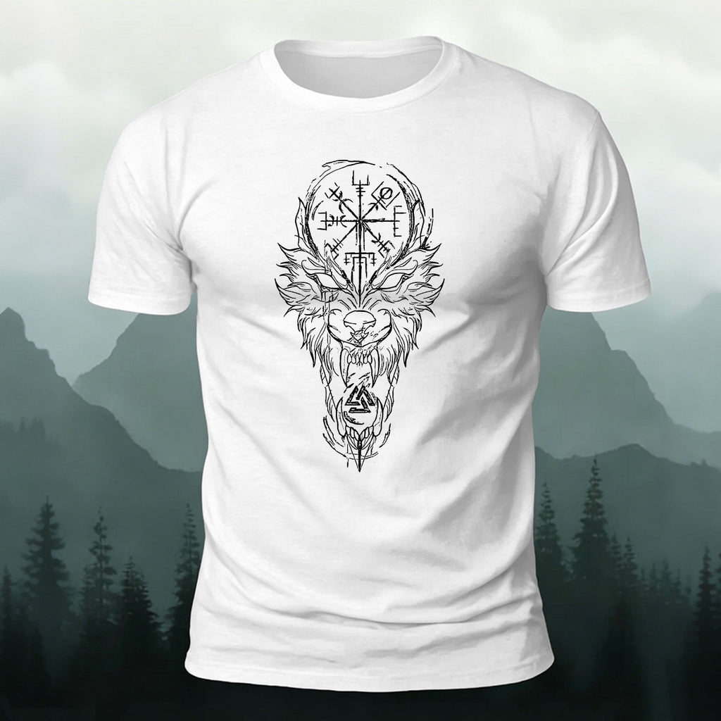 Nordic Wolf Print Casual Soft Cotton T-Shirt White