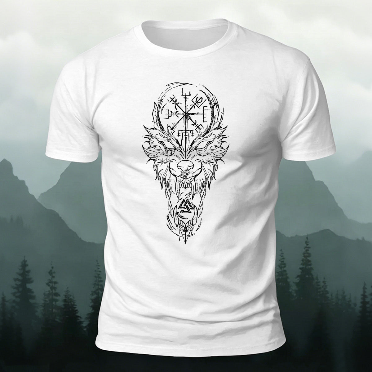 Nordic Wolf Print Casual Soft Cotton T-Shirt White