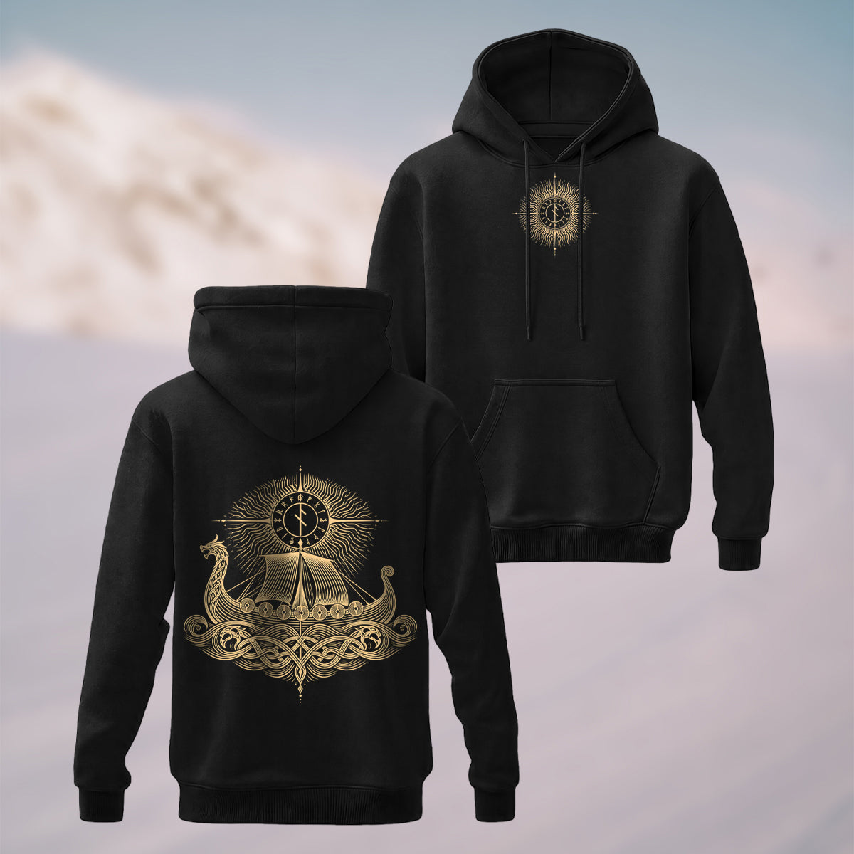 Cotton Made Norse Viking Longship Hoodie Black