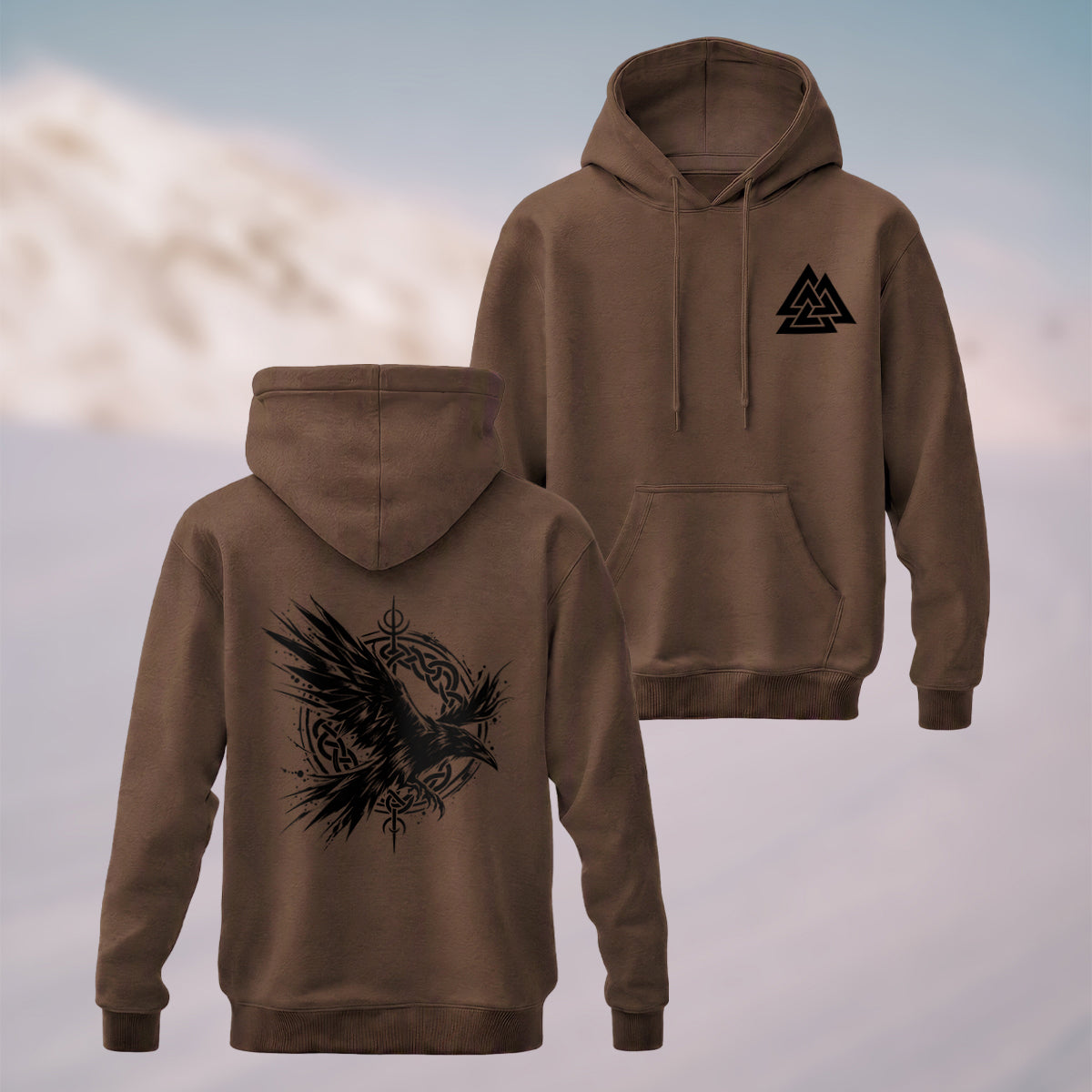 Cotton Made Viking Raven Print Hoodie Coffee