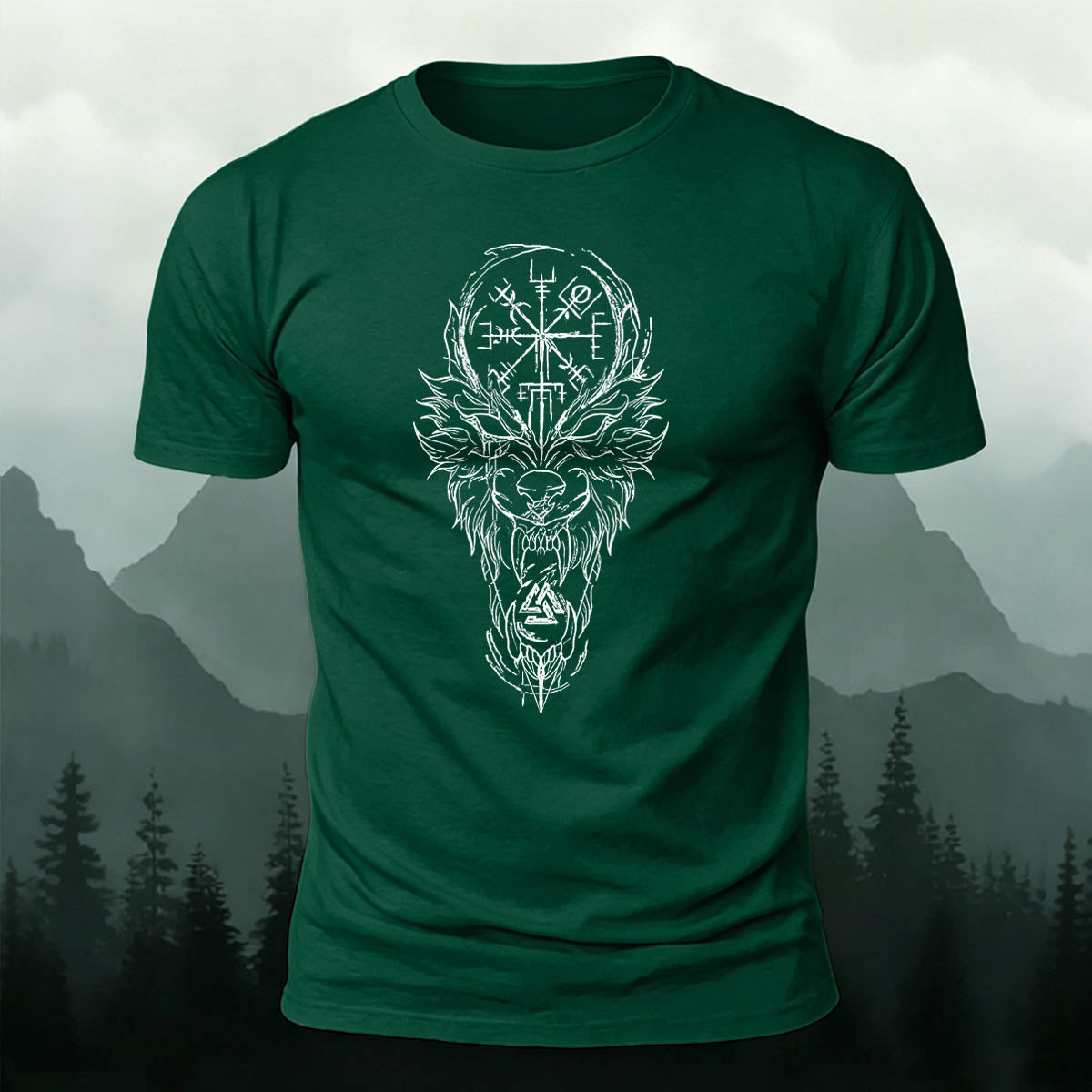 Nordic Wolf Print Casual Soft Cotton T-Shirt Forest Green