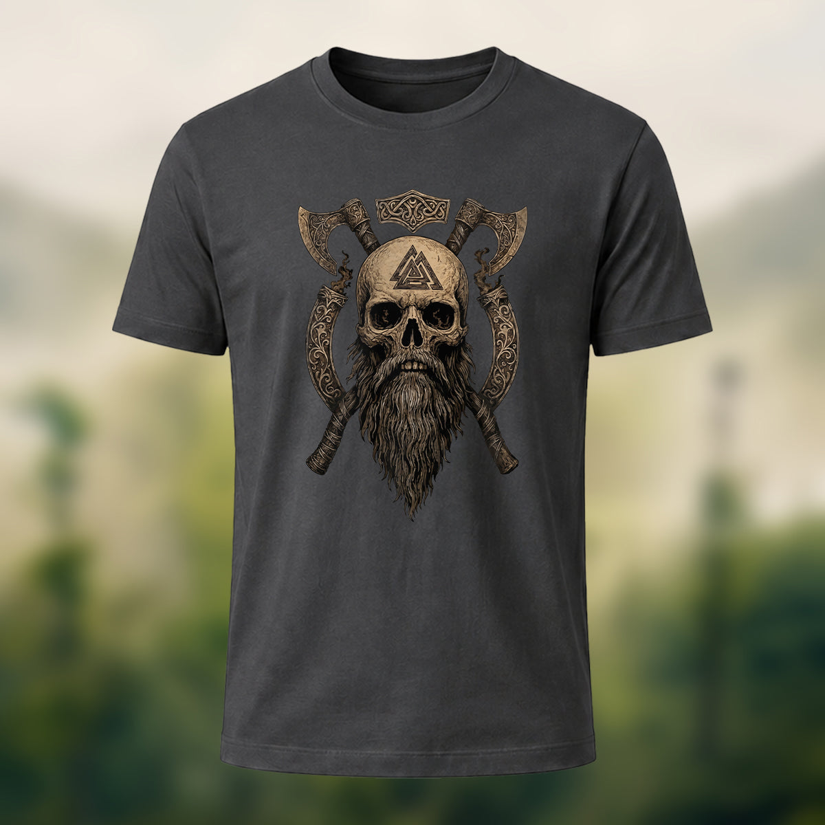Nordic Warrior Skeleton Print Casual Soft Cotton T-Shirt Charcoal