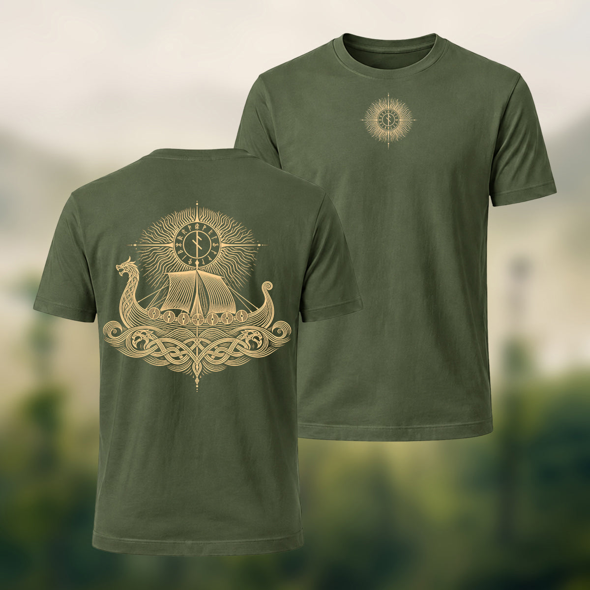 Viking Longship Print Casual Cotton T-Shirt Olive Green