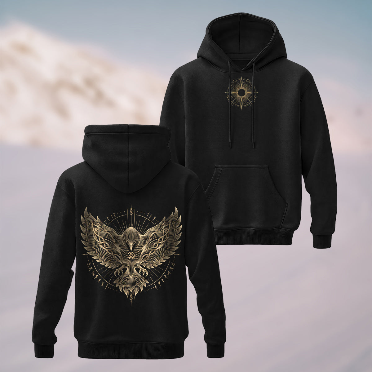 Cotton Made Norse Viking Raven Hoodie Black