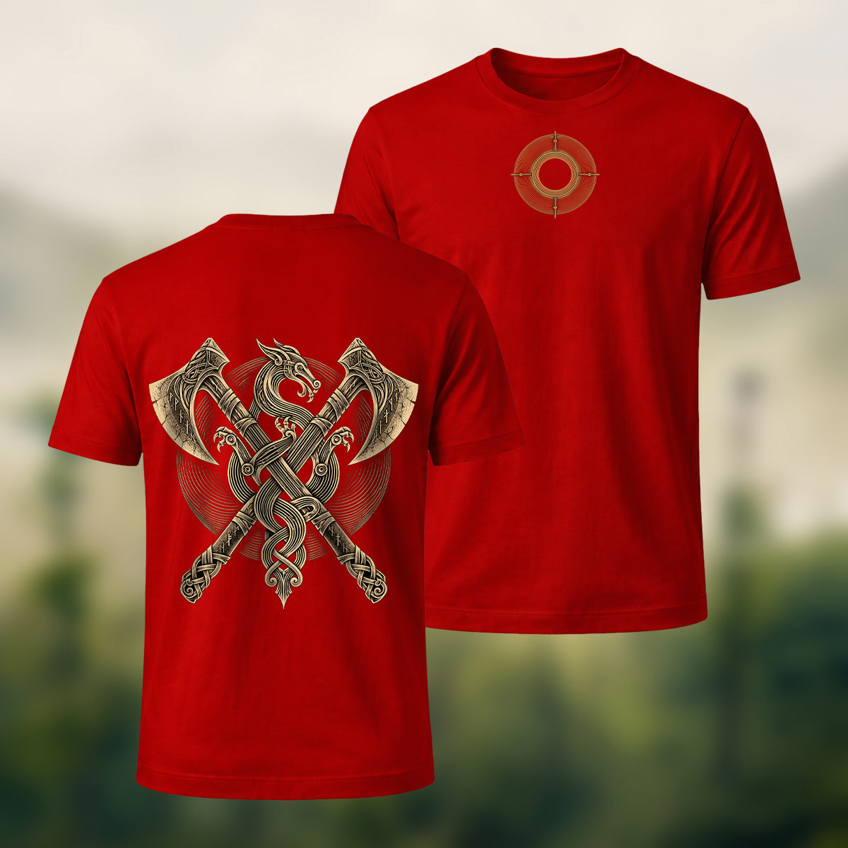 Vintage Viking Axe Print Premium Cotton T-Shirt Red