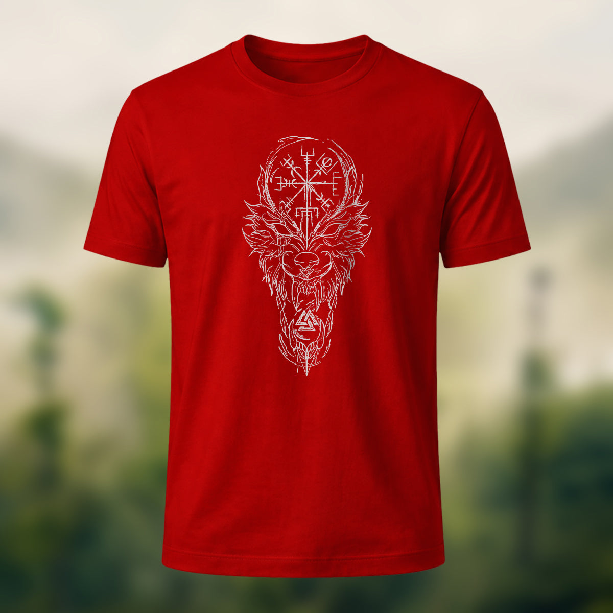 Nordic Wolf Print Casual Soft Cotton T-Shirt Red